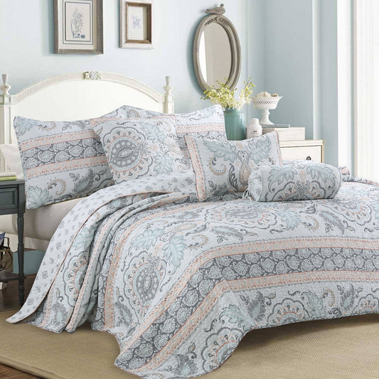 Peach Paisley Print Grey Aqua Blue Floral 3-Piece Reversible Quilt Bedding Set