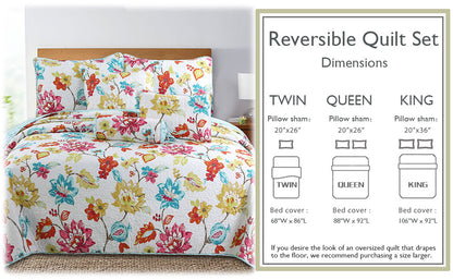 Vivid Tropical Colorful Anemone Floral Garden Print 3-Piece Reversible Quilt Bedding Set
