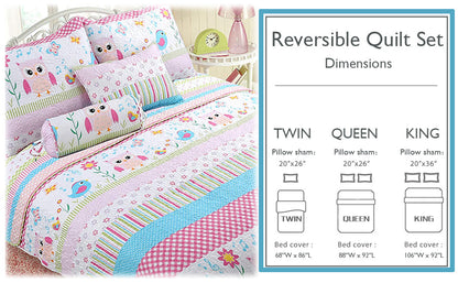 Home Sweet Pink Owl Print Stripe Girl Reversible Quilt Bedding Set