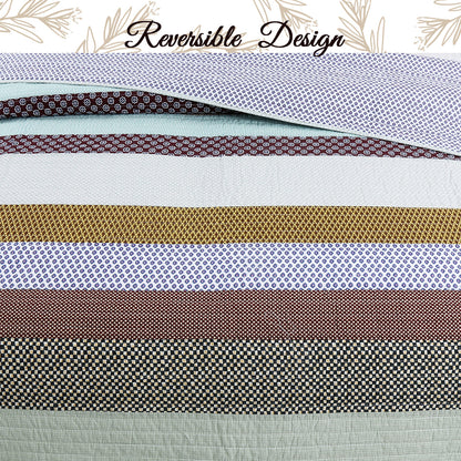 Nesco Striped Purple Green Brown Cotton 3-Piece Reversible Quilt Bedding Set