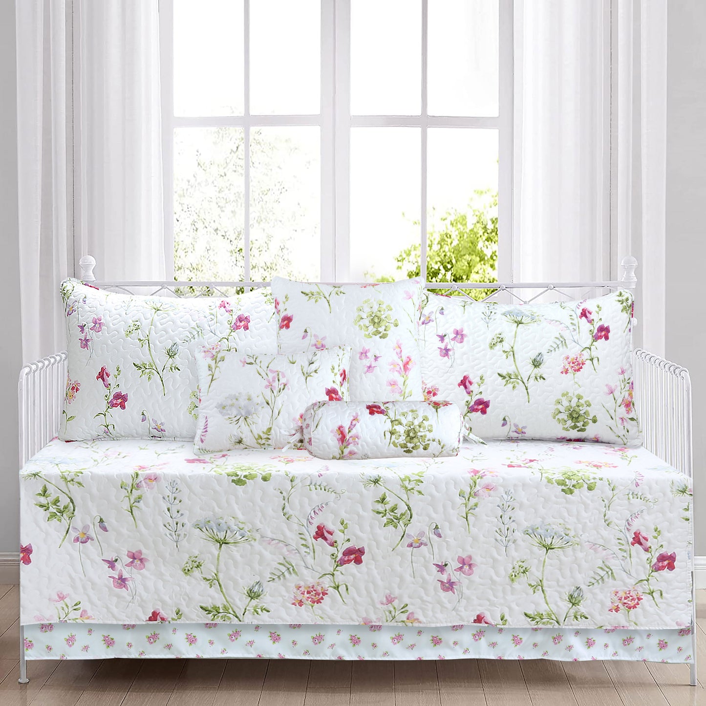 Carlotta Light Pink Blue Floral Print Microfiber Reversible DayBed Quilted Bedding Set