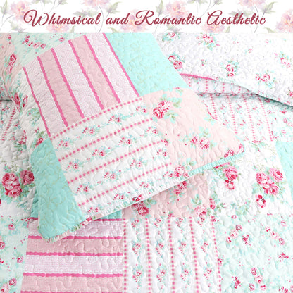 Tiffany Pink Blossom Floral Garden Girl Print Patchwork Reversible Quilt Bedding Set
