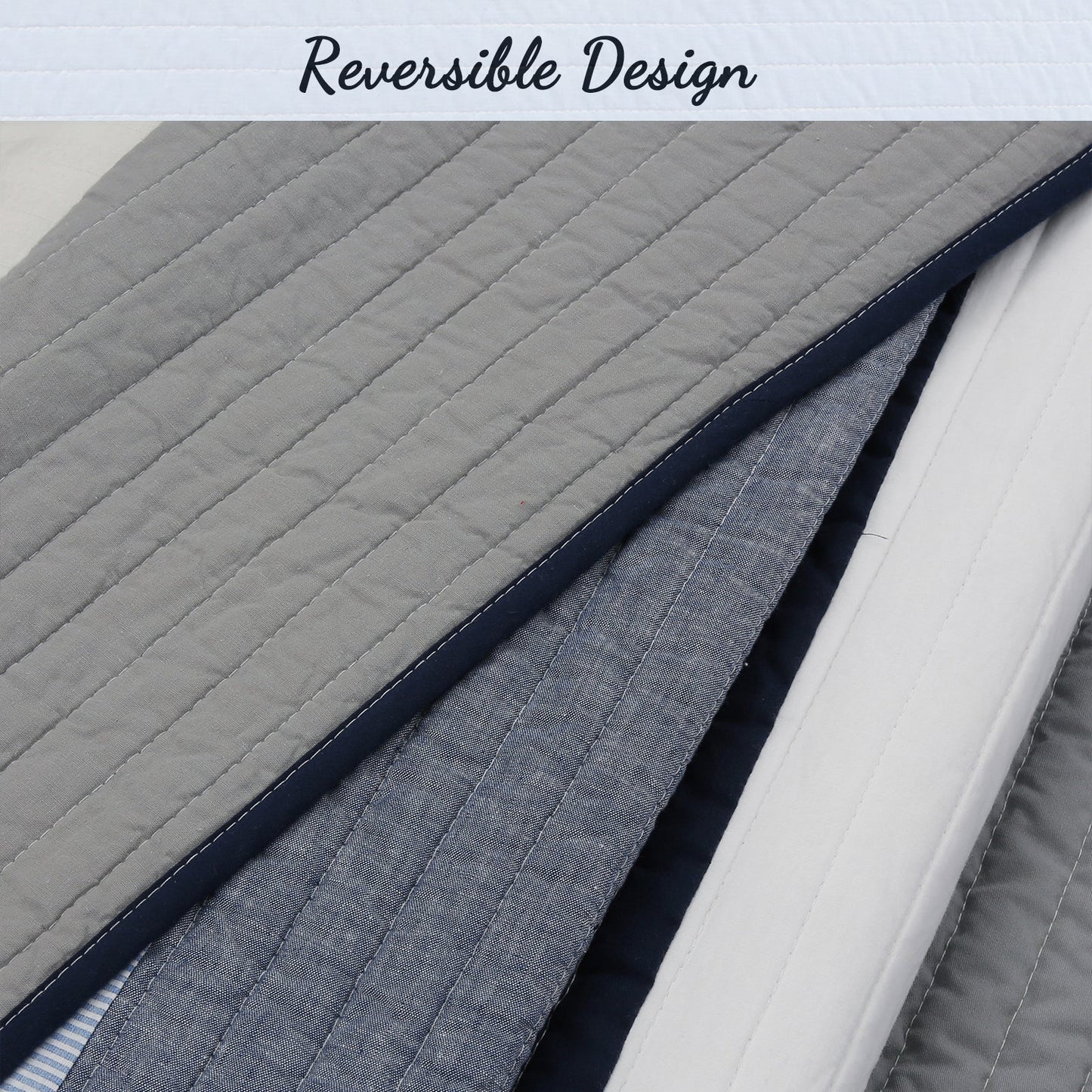Tranquil Blue Gray Stripe Real Patchwork Cotton Reversible Quilt Bedding Set