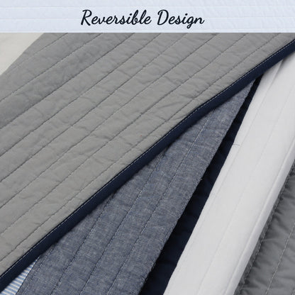 Tranquil Blue Gray Stripe Real Patchwork Cotton Reversible Quilt Bedding Set