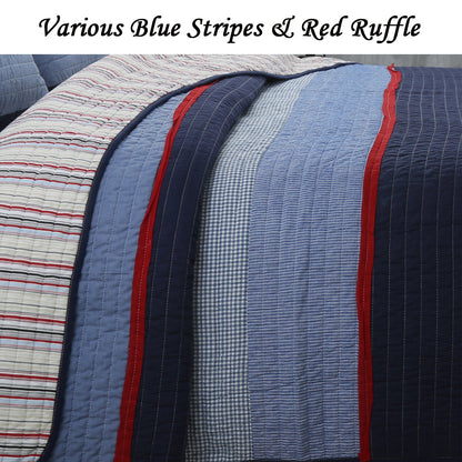 Levi Jean Stripped Denim Blues Cotton Reversible Quilt Bedding Set