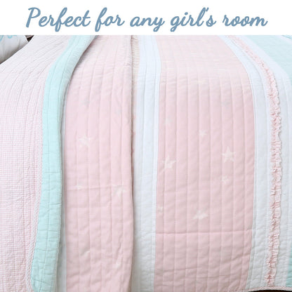 Candy Light Pink Blue Ruffle Floral Stripe Real Patchwork Girl Cotton Reversible Quilt Bedding Set