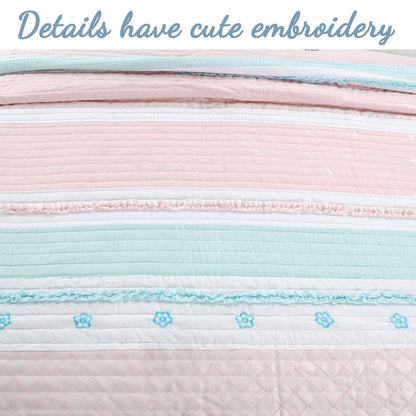 Candy Light Pink Blue Ruffle Floral Stripe Real Patchwork Girl Cotton Reversible Quilt Bedding Set