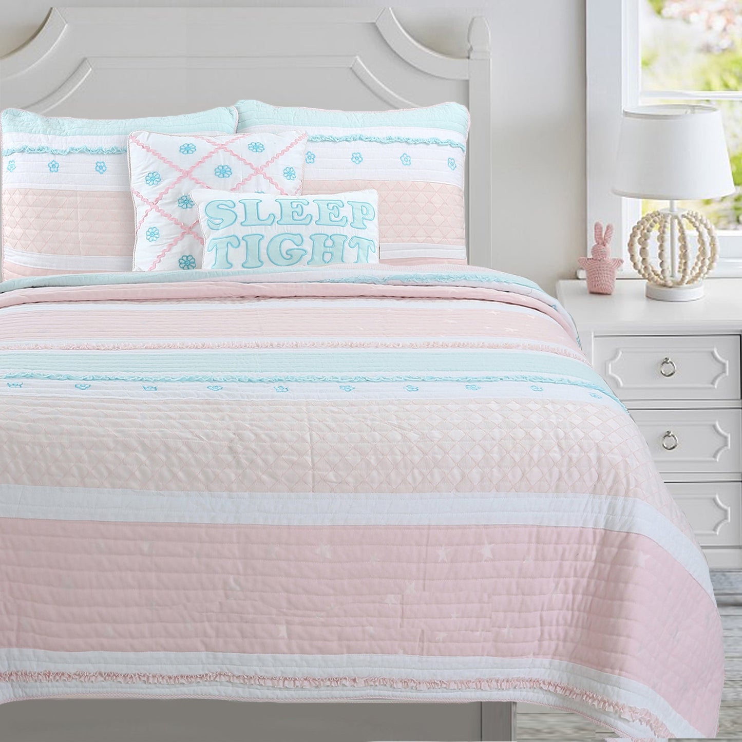 Candy Light Pink Blue Ruffle Floral Stripe Real Patchwork Girl Cotton Reversible Quilt Bedding Set