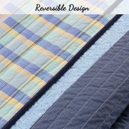 Sophisticated Shades of Ocean Blues Stripped Cotton Reversible Quilt Bedding Set