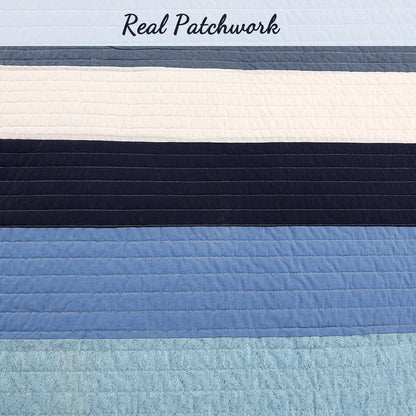 Sophisticated Shades of Ocean Blues Stripped Cotton Reversible Quilt Bedding Set
