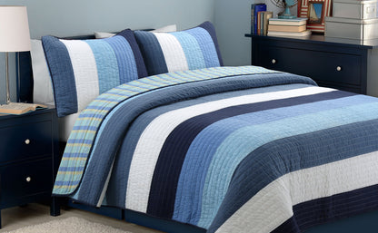 Sophisticated Shades of Ocean Blues Stripped Cotton Reversible Quilt Bedding Set