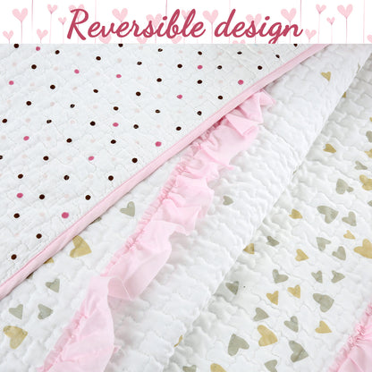 Sweet Heart Polka Dot Pink Ruffle Cotton Reversible Quilt Bedding Set