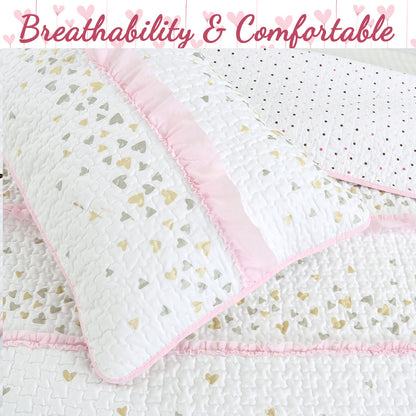 Sweet Heart Polka Dot Pink Ruffle Cotton Reversible Quilt Bedding Set