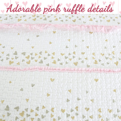 Sweet Heart Polka Dot Pink Ruffle Cotton Reversible Quilt Bedding Set