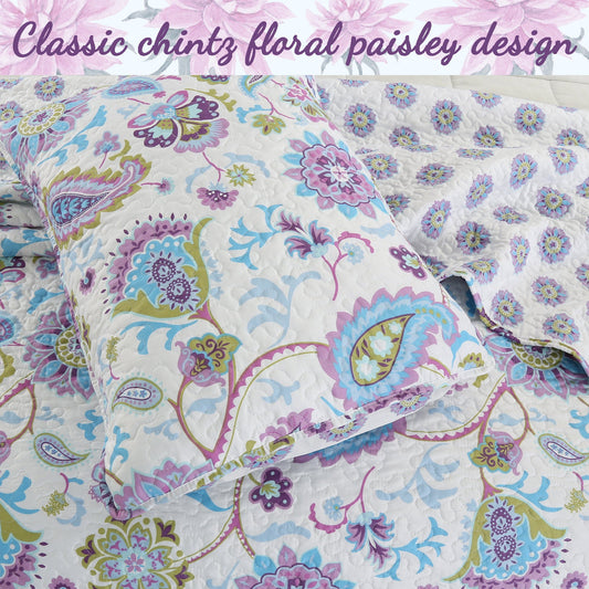Purplish Floral 3-Piece Reversible Quilt Bedding Set