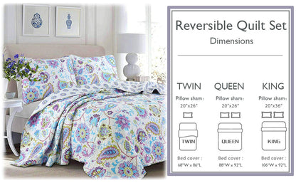 Purplish Floral 3-Piece Reversible Quilt Bedding Set