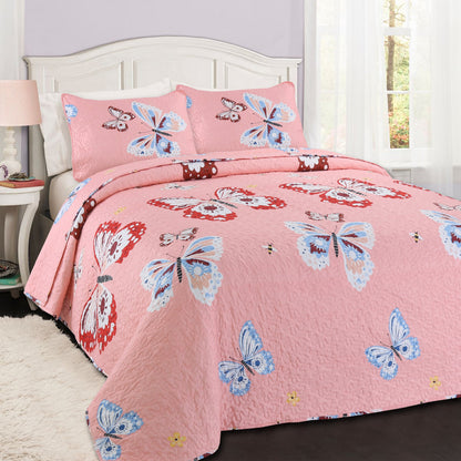 Butterflies Flutter Pink Girl Print Reversible Quilt Bedding Set