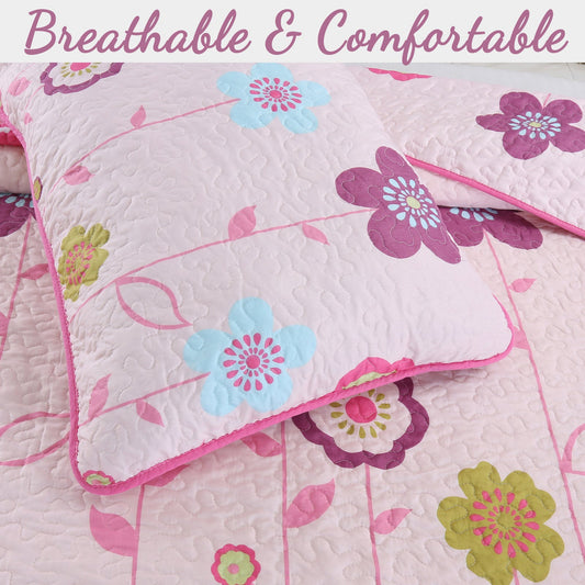Pink Flower Garden Girl Print Reversible Quilt Bedding Set