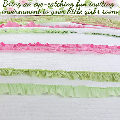 Pink Green Chic Ruffle Girl Cotton Reversible Quilt Bedding Set