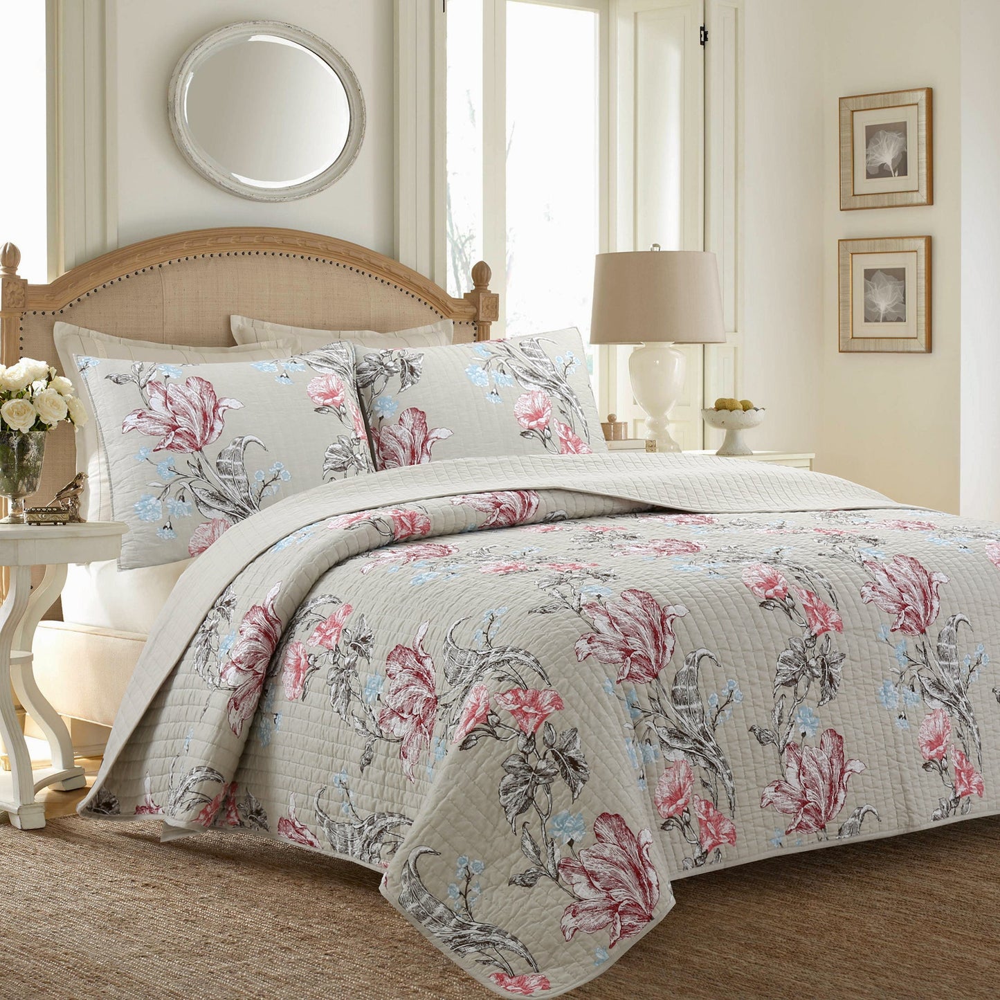 Modern Blooming Floral 3-Piece Reversible Quilt Bedding Set