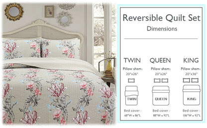 Modern Blooming Floral 3-Piece Reversible Quilt Bedding Set