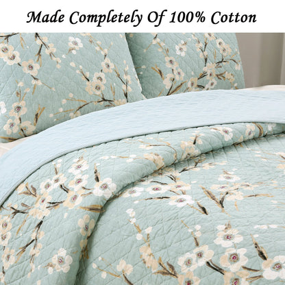 Cream Cherry Blossom Floral Cyan Blue Green 3-Piece Reversible Quilt Bedding Set