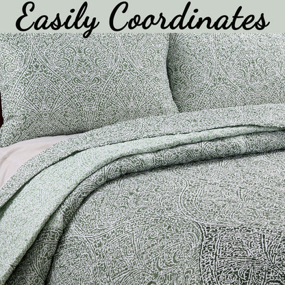 Ombre Leaf Sage Forest Green Medallion 3- Piece Reversible Quilt Bedding Set