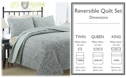 Ombre Leaf Sage Forest Green Medallion 3- Piece Reversible Quilt Bedding Set