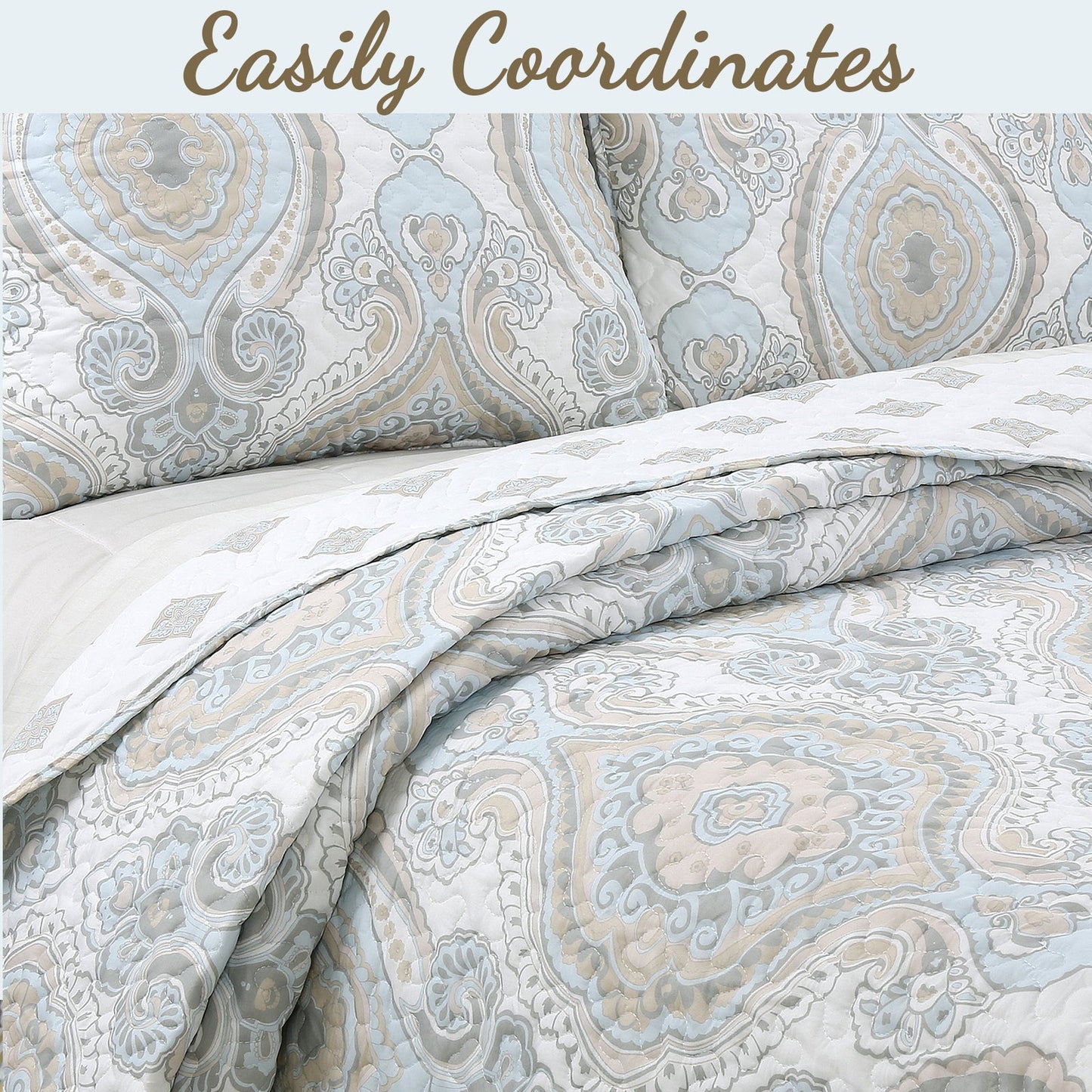 Modern Medallion Sky Blue Tan Gray Brocade 3-Piece Reversible Quilt Bedding Set