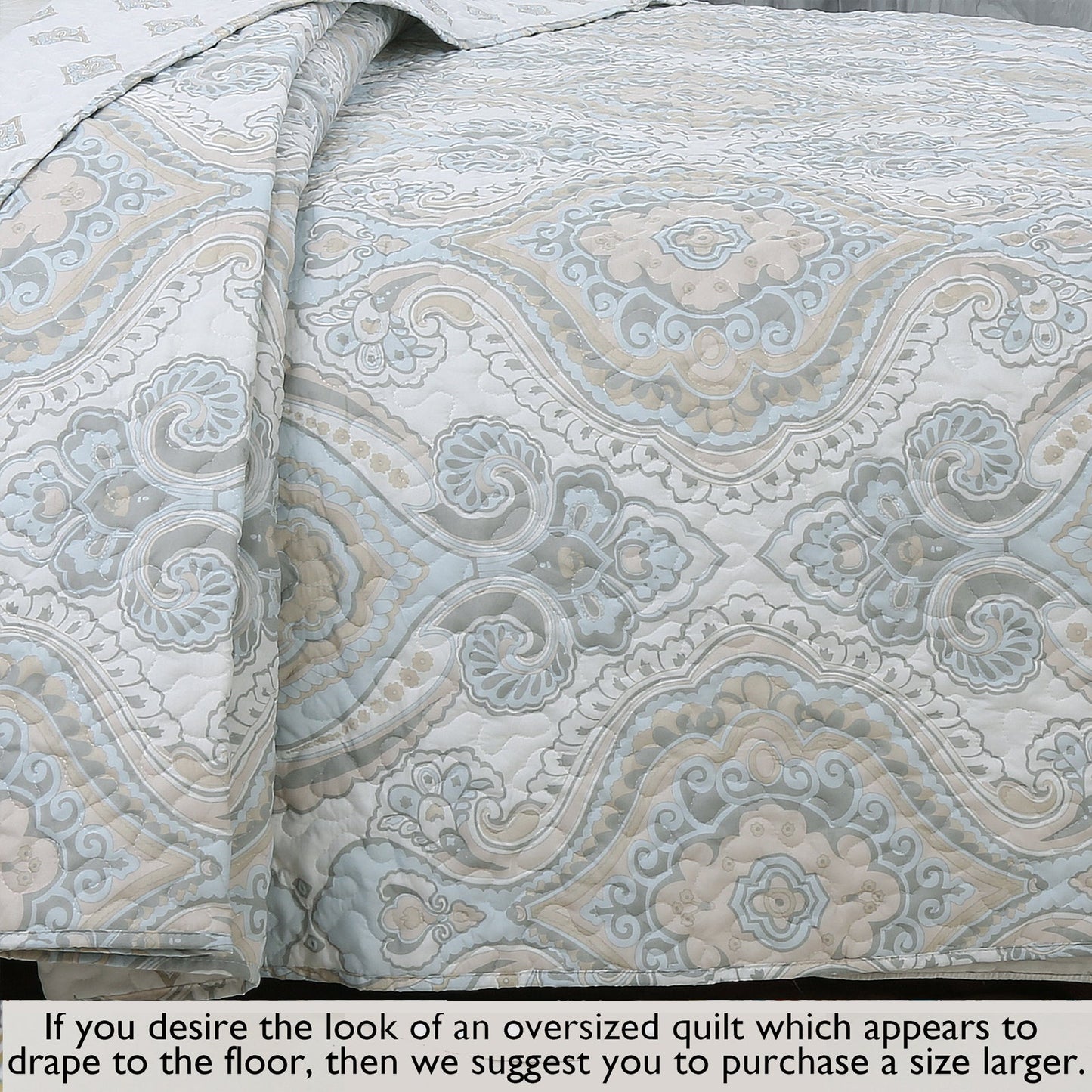 Modern Medallion Sky Blue Tan Gray Brocade 3-Piece Reversible Quilt Bedding Set