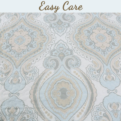 Modern Medallion Sky Blue Tan Gray Brocade 3-Piece Reversible Quilt Bedding Set