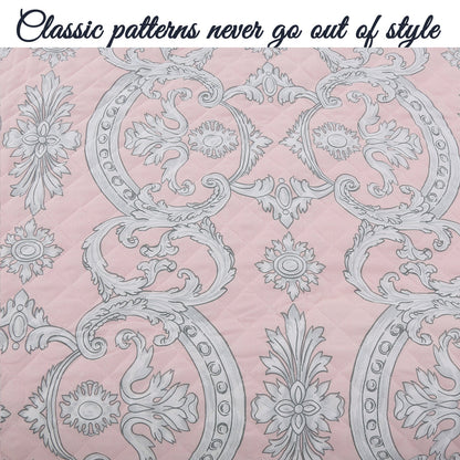 Millennial Pink Floral Majesty Medallion Queen 3-Piece Reversible Quilt Bedding Set
