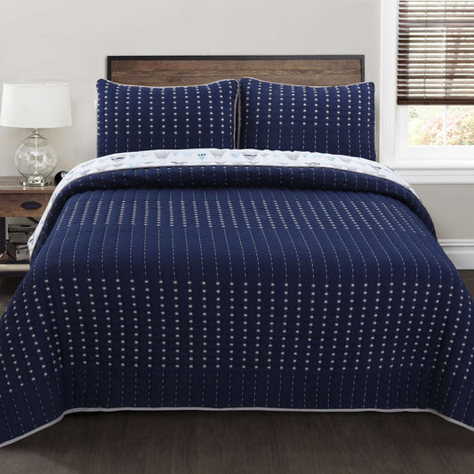 Summit Blues Snowy Alps Pike Winter Mountains Stripe Navy Blue Reversible Quilt Bedding Set Otarealm
