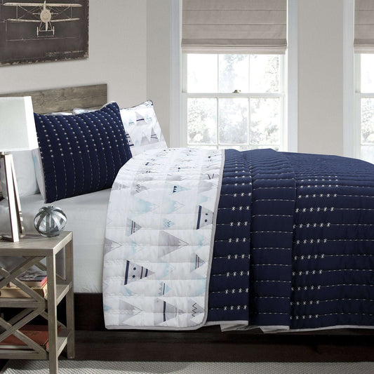 Summit Blues Snowy Alps Pike Winter Mountains Stripe Navy Blue Reversible Quilt Bedding Set Otarealm