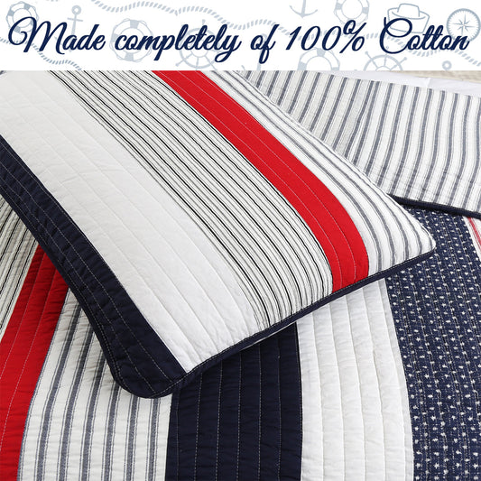 Liberty Patriotic Stripes Red Blue White Striped Real Patchwork Cotton Reversible Quilt Bedding Set
