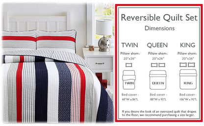 Liberty Patriotic Stripes Red Blue White Striped Real Patchwork Cotton Reversible Quilt Bedding Set