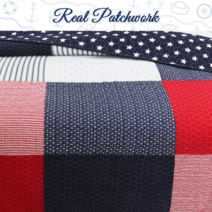 Patriotic Real Patchwork Plaid Red White Blue Cotton Reversible Quilt Bedding Set