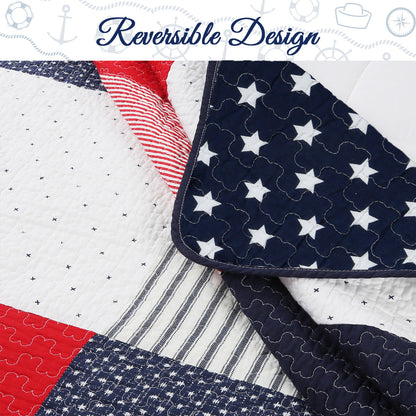 Patriotic Real Patchwork Plaid Red White Blue Cotton Reversible Quilt Bedding Set
