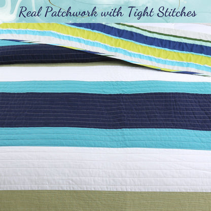 Aquamarine Striped Navy Blue Green Star Dot Cotton Reversible Quilt Bedding Set