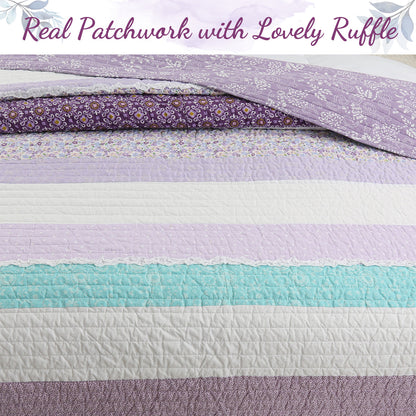Purple Cosmos Spring Floral Stripe Garden Lavender Teal Ruffle Cotton Reversible Quilt Bedding Set