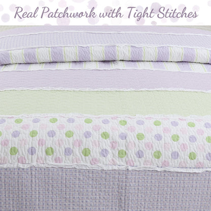 Lilac Purple Green Stripe Polka Dot Checker White Ruffle Real Patchwork Cotton Reversible Quilt Bedding Set