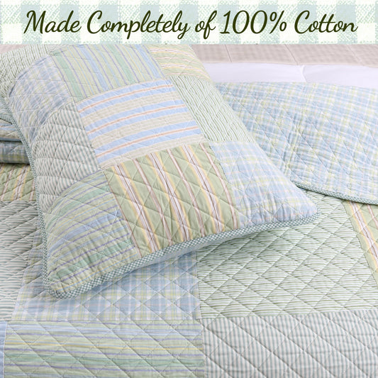Square Real Patchwork Plaid Stripes Blue Green Scalloped 3-Piece Cotton Reversible Quilt Bedding Set Otarealm
