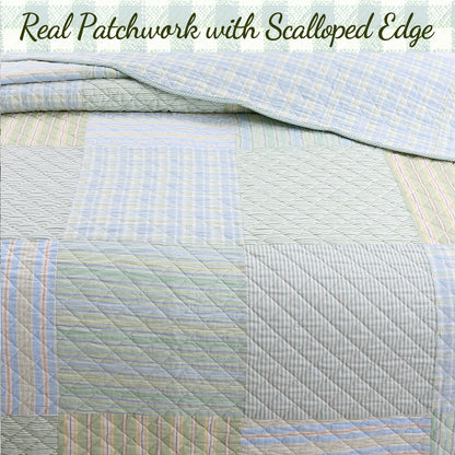 Square Real Patchwork Plaid Stripes Blue Green Scalloped 3-Piece Cotton Reversible Quilt Bedding Set