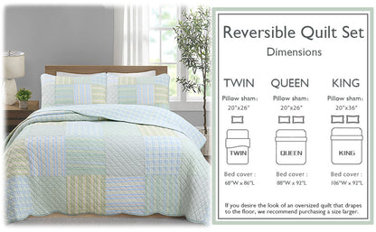 Square Real Patchwork Plaid Stripes Blue Green Scalloped 3-Piece Cotton Reversible Quilt Bedding Set