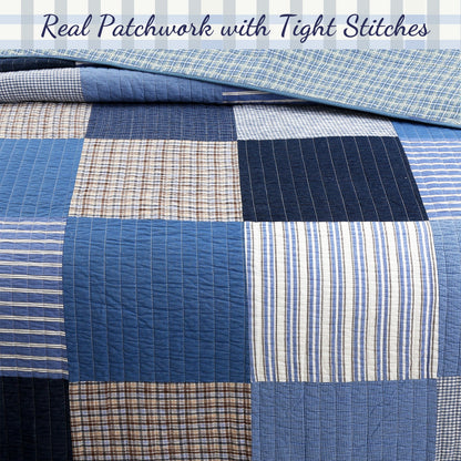 Blue Jean Plaid Stripes Tartan Real Patchwork Cotton Reversible Quilt Bedding Set