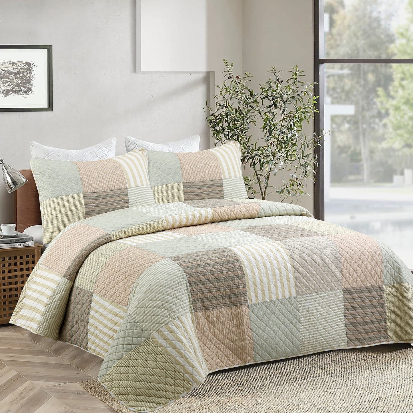 Earth Tone Brown Tan Beige Stripe Checker Real Patchwork 3-Piece Cotton Reversible Quilt Bedding Set