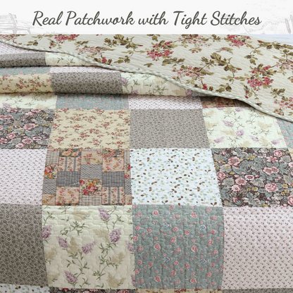 Country Floral Chic Scalloped Real Patchwork Cotton 3-Piece Quilt Bedding Set