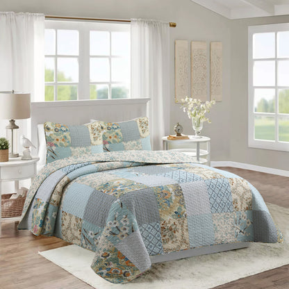 Sky Blue Floral Patens Ogee Patchwork Cotton Quilt Bedding Set