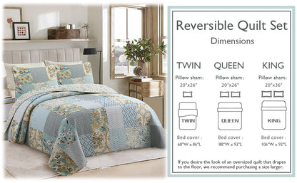 Sky Blue Floral Patens Ogee Patchwork Cotton Quilt Bedding Set