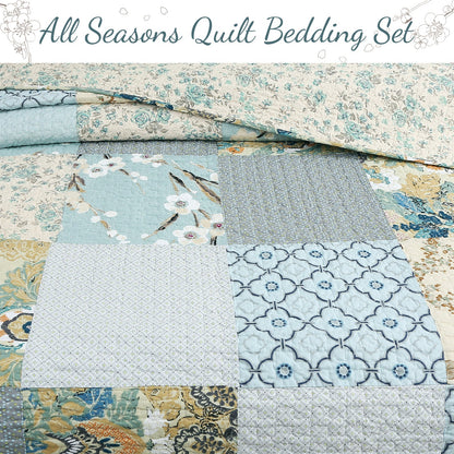 Sky Blue Floral Patens Ogee Patchwork Cotton Quilt Bedding Set